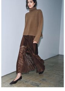 Zara Elegant Brown Lace Trimmed Slit Skirt
