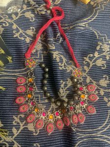 Oxidised Silver Necklace with Pink & Yellow