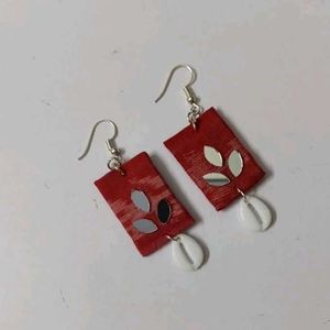 Boho Red Leaf Cowrie Shell Earrings