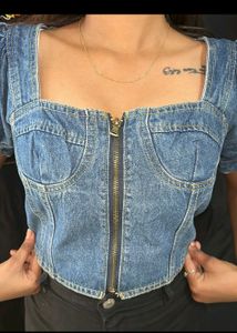 Denim Corset Top with Puff Sleeves