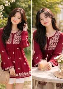 Maroon Embroidered Kurta Top