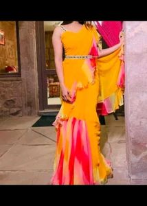 Bright Yellow &amp; Pink Ruffle Saree