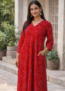 Heavy Red Bandhani Print Full Size Gown, Bust- 40