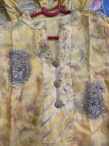 festive silk kurta set in mustard and grey