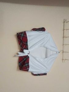 Red Plaid Mini Skirt with Lace Trim and top