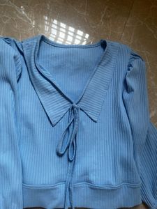 Blue Ribbed V-Neck Tie Top