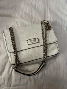 Guess White Embossed Chain Shoulder Bag