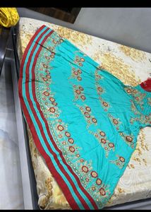 zari work Teal Embroidered Anarkali Gown