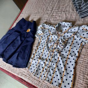 Cute Polka Dot Blouse and Navy Skirt Set
