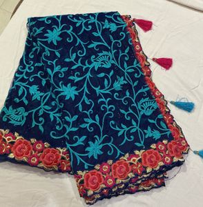 Navy Blue Embroidered Saree with Blouse