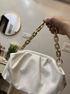 Chic White Ruched Clutch with Gold Chain