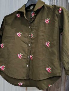 Olive Green Floral Button Down