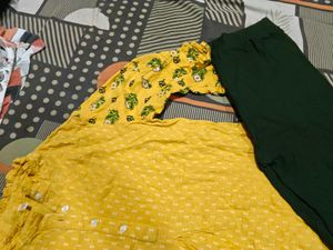 Yellow Kurta  green pants Set with Printed Sleeves