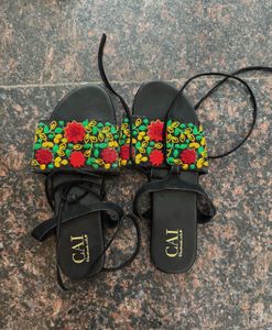Embroidered Floral Lace-Up Sandals