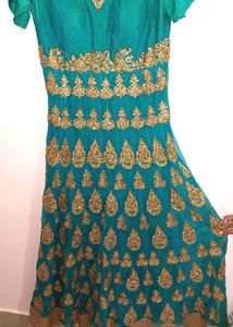 Teal &amp; Golden Peacock Green Anarkali Ethnic Gowns