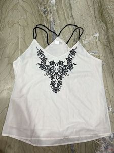 White Cami Top with Black Floral Embroidery