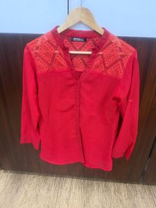 Red Lace Detail V-Neck Top