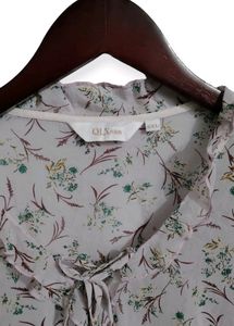 Floral Ruffle Trim Tie Neck Top