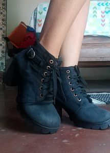 Chunky Black Lace-Up Heeled Boots