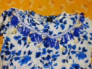 Blue Floral Print Tasselled Kurta