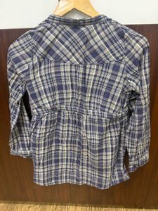 Blue Plaid Button-Up Top with Ruffles