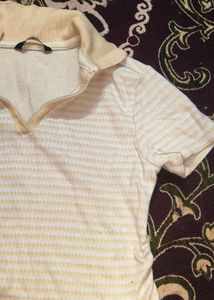 Yellow &amp; White Striped Collared Top for Women