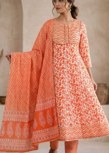 Vibrant Orange Floral Print Kurta Set