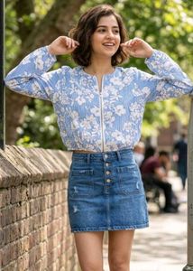 White and blue zippered crop jacket,Anita Dongre