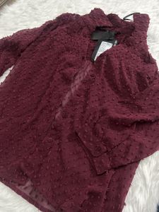 Elegant Burgundy Sheer Button-Up With Inner