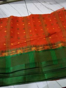 Orange & Green Taant Cotton Saree