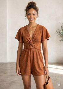 brown solid twist detail playsuit