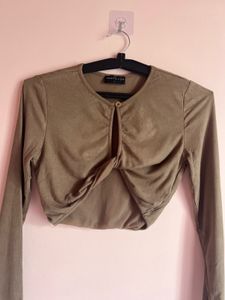 Khaki Twist Front Long Sleeve Top