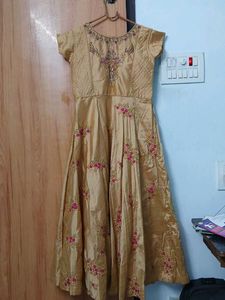 Elegant Golden long frock with Floral Embroidery
