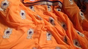 Orange Saree with Blue Velvet Blouse