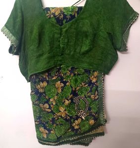 Green Floral Print Saree with Blouse