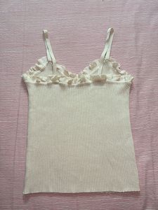 Cream Ribbed Camisole with Ruffle Trim