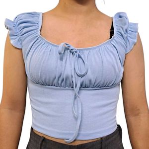 Light Blue Puff Sleeve Tie-Front Top