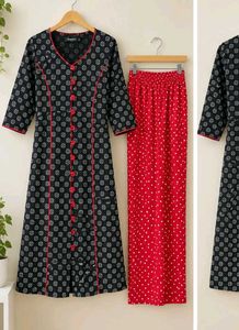 Black Printed Kurti with Red Polka-Dot Pants –