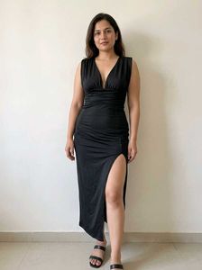 Elegant Black Ruched Side Slit Dress