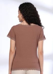 Brown Ribbed Top with Lace Trim