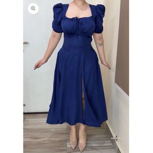 Chic Royal Blue Puff Sleeve Midi Dress