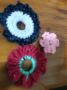 Handmade Crochet Flower Scrunchies and clip