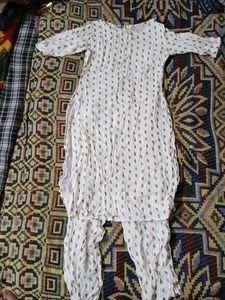 White Kurta Set with Golden Print