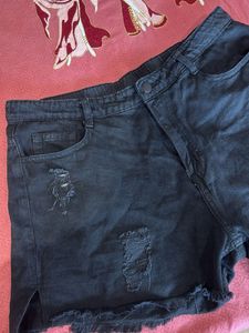 Distressed Black Denim Shorts