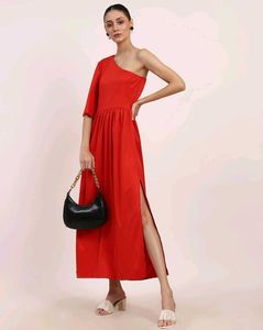 Chic Red One-Shoulder Midi Dress