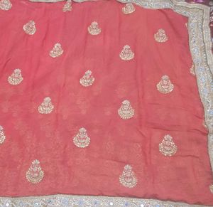 Exquisite Dual-Tone Mirror Work Saree Peach Orange