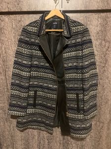 Woollen Long Coat With Stylish Chain And Bit Leather Front