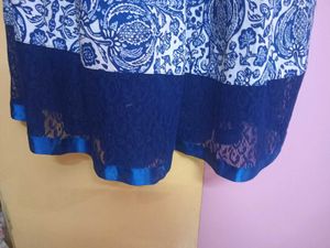 Blue &amp; White Printed Dress with Lace