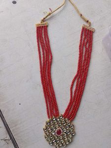 Red Beaded Necklace with Kundan Pendant