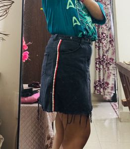 Black Denim Mini Skirt with Stripe Detail